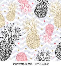 Pineapple seamless pattern, hand drawn doodle texture. Textile print for apparel. Handmade line ananas, grunge stripe background. Handdrawn vector illustration isolated on zig zag white background 