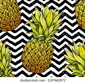 Pineapple seamless pattern, hand drawn doodle texture. Textile print for apparel. Handmade line ananas, grunge stripe background. Handdrawn vector illustration isolated on zig zag white background 