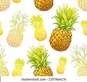 Pineapple seamless pattern, hand drawn doodle texture. Textile print for apparel. Realistic handmade line ananas, grunge stripes background. Handdrawn vector illustration isolated on white background.