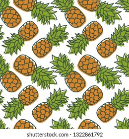 Pineapple seamless pattern. Hand drawn fresh exotic fruit. Vector sketch background. Color doodle wallpaper