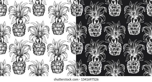 Pineapple seamless pattern. Hand drawn vector tropical fruit illustration. Engraved style ananas fruit. Vintage botanical background.
