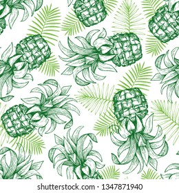 Pineapple seamless pattern. Hand drawn vector tropical fruit illustration. Engraved style ananas fruit. Vintage botanical background.