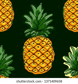 Pineapple seamless pattern, hand drawn texture. Textile print for apparel. Realistic handmade line ananas. Handdrawn vector illustration isolated on dark background.