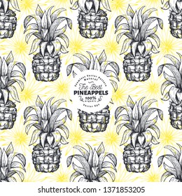 Pineapple seamless pattern. Hand drawn vector tropical fruit illustration. Engraved style ananas fruit. Vintage botanical background.