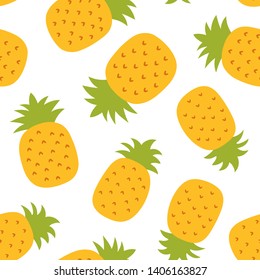 Pineapple seamless pattern. Hand drawn fresh ananas. Vector sketch background. Color doodle wallpaper. Exotic tropical fruit. Fashion design. Food print for kitchen tablecloth, curtain or dishcloth