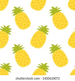 Pineapple seamless pattern. Hand drawn fresh ananas. Vector sketch background. Color doodle wallpaper. Exotic tropical fruit. Fashion design. Food print for kitchen tablecloth, curtain or dishcloth