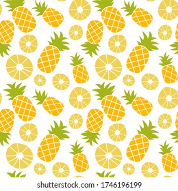 Pineapple seamless pattern. Hand drawn fresh slice of ananas. Vector sketch background. Color doodle wallpaper. Exotic tropical fruit. Fashion design. Food print for kitchen tablecloth, dishcloth