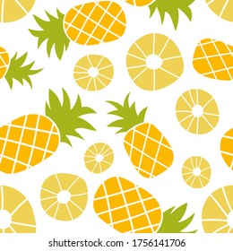 Pineapple seamless pattern. Hand drawn fresh slice of ananas. Vector sketch background. Color doodle wallpaper. Exotic tropical fruit. Fashion design. Food print for kitchen tablecloth