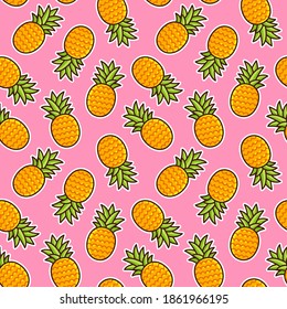 Pineapple seamless pattern. Hand drawn cartoon pineapples on pink background. Bright summer texture.