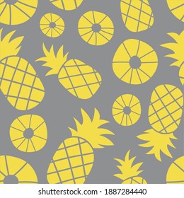 Pineapple seamless pattern. Hand drawn fresh slice of ananas. Vector sketch yellow and gray background. Exotic tropical fruit. Fashion design. Food print for kitchen tablecloth, curtain or dishcloth