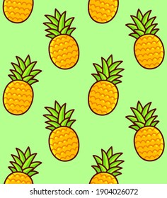 Pineapple seamless pattern. Hand drawn cartoon pineapples on green background. Bright summer texture.