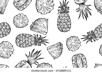 Pineapple seamless pattern, hand drawn, monochrome, vector