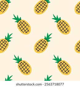 Pineapple Seamless Pattern. Hand drawn juicy background with falling tropical fruits. Repeat vector illustration