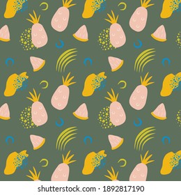 Pineapple seamless pattern in hand-drawn style. Bring vector illustration. Vector repeat background for colorful summer fabric.