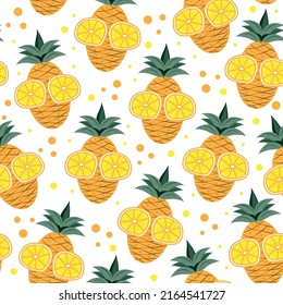 Pineapple seamless pattern with lemon slice. Hand drawn vector design.