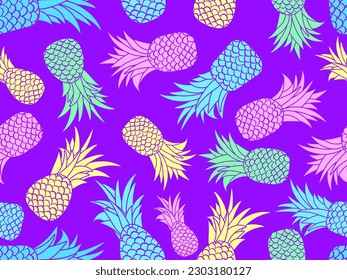 Pineapple seamless pattern. Multi-colored pineapples on a purple background. Summer tropical fruit pattern for printing on wallpapers, wrapping paper, banners. Vector illustration
