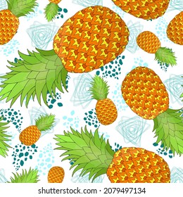 Pineapple seamless pattern on abstract geometric background. Tropical fruit repeating endless texture. Yummy boundless background. Food surface pattern design. Editable tile for textile or stationery