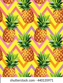 Pineapple seamless pattern on an abstract geometrical background. Vector illustration.