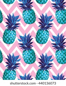 Pineapple seamless pattern on an abstract geometrical background. Vector illustration.