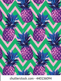 Pineapple seamless pattern on an abstract geometrical background. Vector illustration.