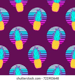 Pineapple seamless pattern on an abstract geometrical background. Vector illustration. Dark background.