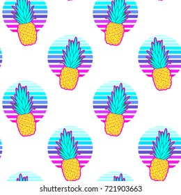 Pineapple seamless pattern on an abstract geometrical background. Vector illustration. White background.