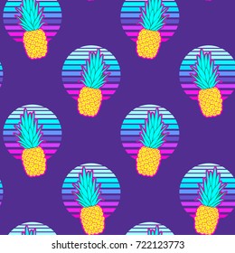 Pineapple seamless pattern on an abstract geometrical background. Vector illustration. Dark blue background.