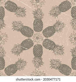 Pineapple seamless pattern on beige background.  Monochrome tropical fruits on aged vintage background . Hand-drawn in ink. Vector backdrop. Exotic tropical fruit. Paradise in nature. Pictorial design