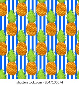 Pineapple seamless pattern on blue stripes background. Tropical fruit repeating endless texture. Yummy boundless background. Food surface pattern design. Editable tile for textile or wrapping paper