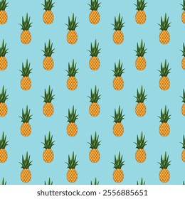 Pineapple seamless pattern on blue background. Wrapping paper, gift card, poster, banner design. Home decor, modern textile print. Summer bright geometric fruits patterned.