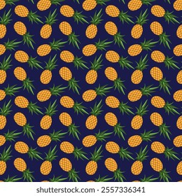 Pineapple seamless pattern on blue background. Wrapping paper, gift card, poster, banner design. Home decor, modern textile print. Summer bright geometric fruits patterned.