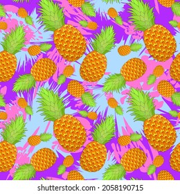 Pineapple seamless pattern on bright stains background. Tropical fruit repeating endless texture. Yummy boundless background. Food surface pattern design. Editable tile for textile or stationery