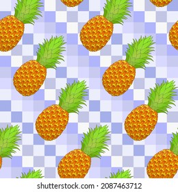 Pineapple seamless pattern on checked background. Tropical fruit repeating endless texture. Yummy boundless background. Food surface pattern design. Editable tile for textile or wrapping paper