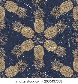Pineapple seamless pattern on dark blue background.  Monochrome tropical fruits on aged vintage background . Hand-drawn in ink. Vector backdrop. 
