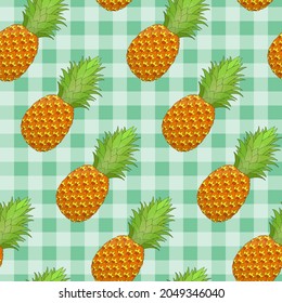 Pineapple seamless pattern on gingham background. Tropical fruit repeating endless texture. Yummy boundless background. Food surface pattern design. Editable tile for apparel or wrapping paper