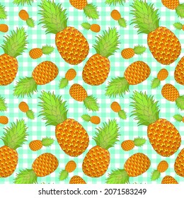 Pineapple seamless pattern on gingham background. Tropical fruit repeating endless texture. Yummy boundless background. Food surface pattern design. Editable tile for textile or stationery