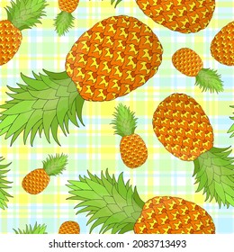 Pineapple seamless pattern on gingham background. Tropical fruit repeating endless texture. Yummy boundless background. Food surface pattern design. Editable tile for textile or stationery