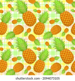 Pineapple seamless pattern on gingham background. Tropical fruit repeating endless texture. Yummy boundless background. Food surface pattern design. Editable tile for textile or stationery