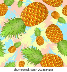 Patrón de piña sin fisuras sobre fondo de manchas pastel. Frutos tropicales que repiten una textura interminable. Sólidos antecedentes ilimitados. Diseño de patrones de superficie alimentaria. Tejidos editables para textiles o artículos de papelería