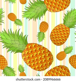 Patrón de piña sin fisuras sobre fondo de rayas pastel. Frutos tropicales que repiten una textura interminable. Sólidos antecedentes ilimitados. Diseño de patrones de superficie alimentaria. Tejidos editables para textiles o artículos de papelería