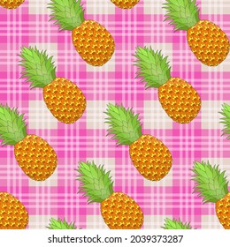 Pineapple seamless pattern on pink gingham background. Tropical fruit repeating endless texture. Yummy boundless background. Food surface pattern design. Editable tile for apparel or wrapping paper