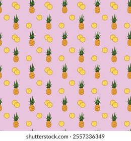 Pineapple seamless pattern on pink background. Wrapping paper, gift card, poster, banner design. Home decor, modern textile print. Summer bright geometric fruits patterned.