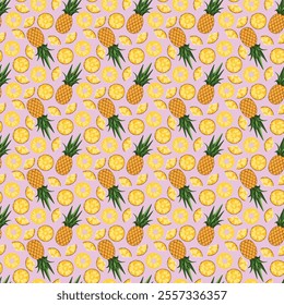 Pineapple seamless pattern on pink background. Wrapping paper, gift card, poster, banner design. Home decor, modern textile print. Summer bright geometric fruits patterned.