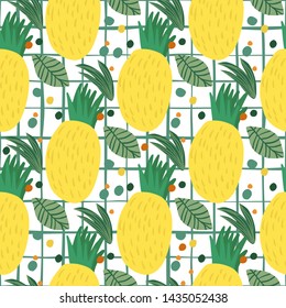 Pineapple seamless pattern on stripe background. Hand drawn pineapple endless wallpaper. Funny design for fabric, textile print, wrapping paper, children textile. Vector illustration