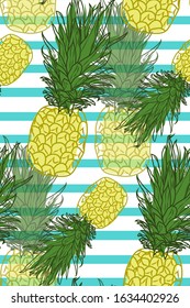 Pineapple seamless pattern on striped background