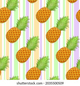 Pineapple seamless pattern on striped background. Tropical fruit repeating endless texture. Yummy boundless background. Food surface pattern design. Editable tile for textile, apparel, wrapping paper