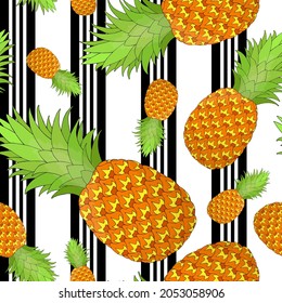 Pineapple seamless pattern on striped background. Tropical fruit repeating endless texture. Yummy boundless background. Food surface pattern design. Editable tile for textile or stationery