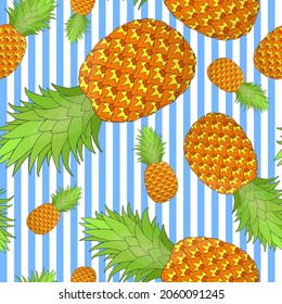 Ananas nahtloses Muster auf gestreiftem Hintergrund. Tropische Früchte wiederholen endlose Textur. Yummy grenzenloser Hintergrund. Design der Lebensmitteloberfläche Bearbeitbare Fliesen für Textilien oder Schreibwaren