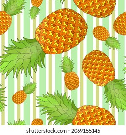 Pineapple seamless pattern on striped background. Tropical fruit repeating endless texture. Yummy boundless background. Food surface pattern design. Editable tile for textile or stationery
