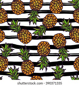 Pineapple seamless pattern on strips background. Vector illustration.